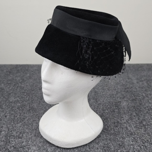 Vintage Peachbloom Velour Merrimac Body Black Fur Felt Hat with Veil & Bow‎ - Picture 4 of 11